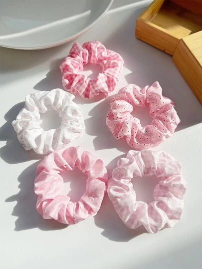 5pcs Women's 9cm/3.54in Polka Dot Plaid Pink Floral Scrunchies,