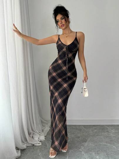 Islaluna Women Elegant Mesh Plaid V-Neck Bodycon Dress Maxi Women Outfit