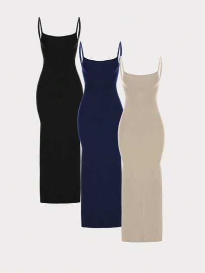 3pcs Pack Pleated Casual Camisole Dresses In Black, Navy Blue And Beige