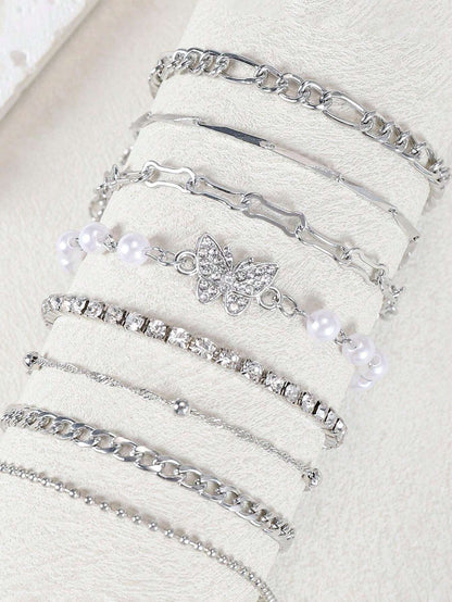 8psc Punk Butterfly Copper Inlaid Crystal Faux Pearl Silver Bracelet Set