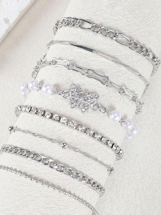 8psc Punk Butterfly Copper Inlaid Crystal Faux Pearl Silver Bracelet Set
