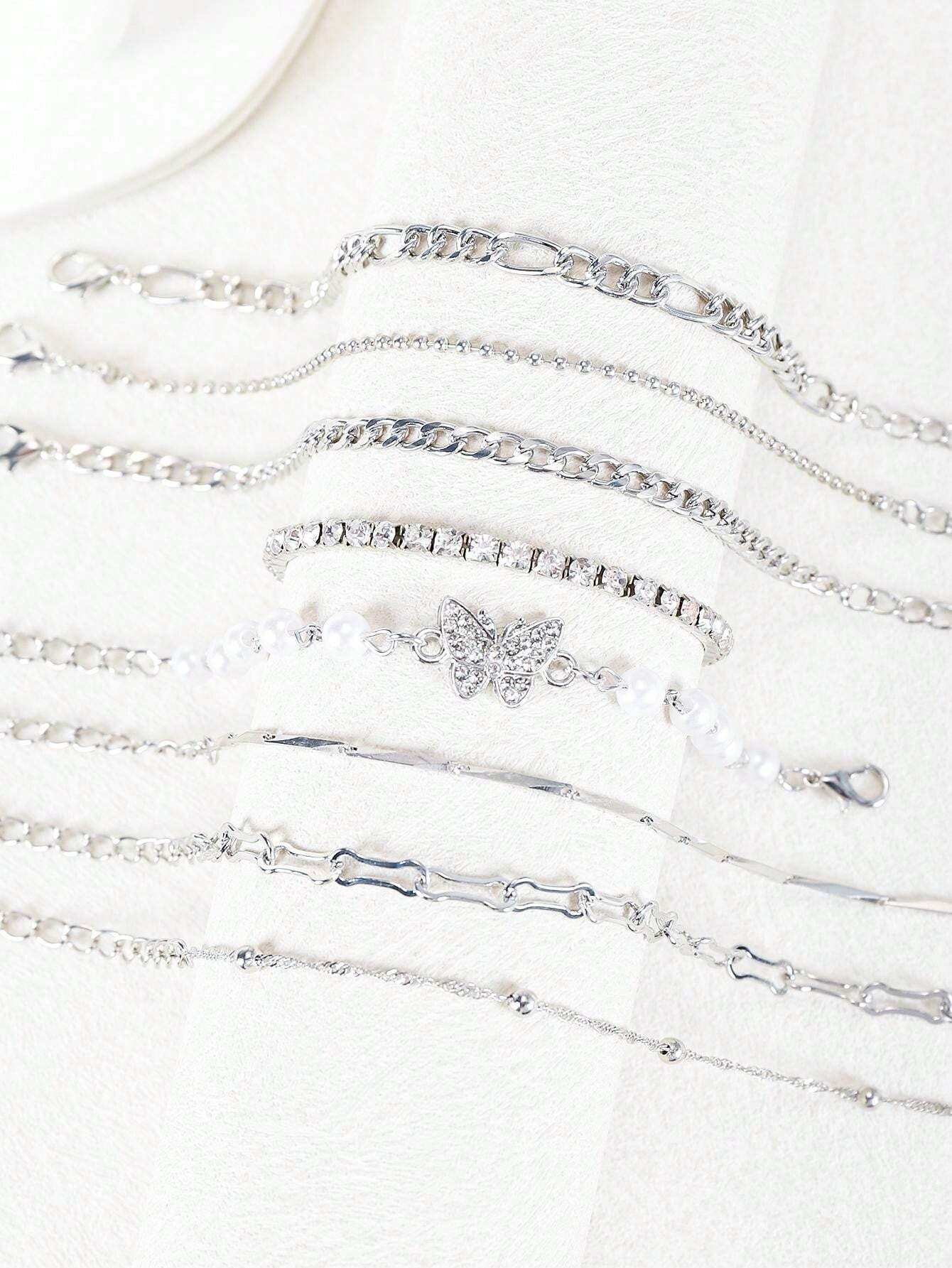 8psc Punk Butterfly Copper Inlaid Crystal Faux Pearl Silver Bracelet Set