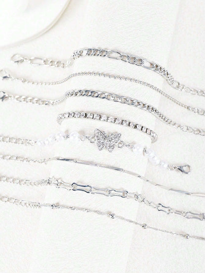 8psc Punk Butterfly Copper Inlaid Crystal Faux Pearl Silver Bracelet Set