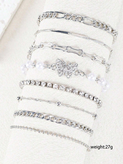 8psc Punk Butterfly Copper Inlaid Crystal Faux Pearl Silver Bracelet Set
