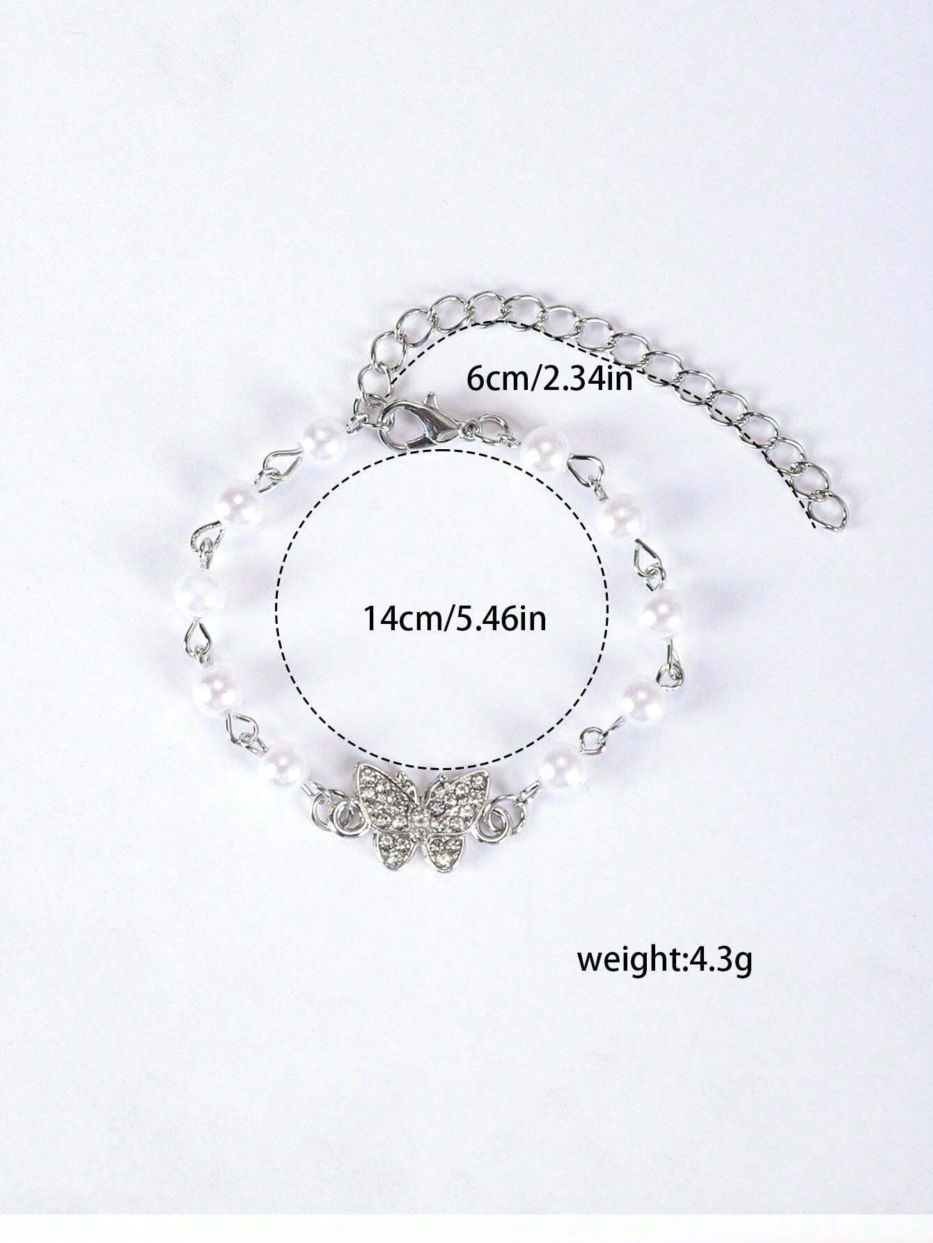 8psc Punk Butterfly Copper Inlaid Crystal Faux Pearl Silver Bracelet Set