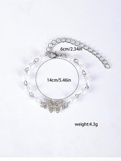 8psc Punk Butterfly Copper Inlaid Crystal Faux Pearl Silver Bracelet Set