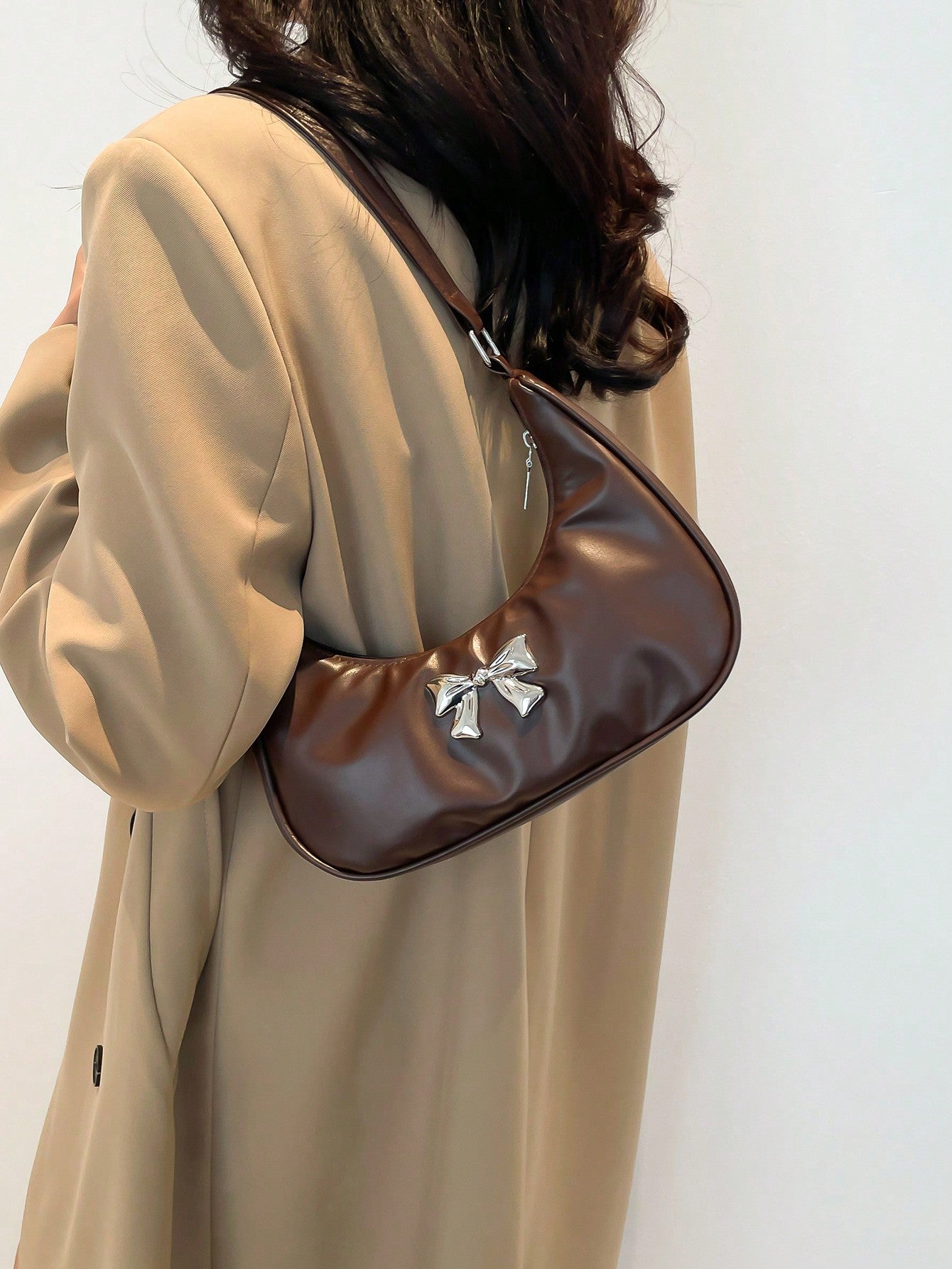 New Arrival Fashionable Metal Bowknot Decor PU Crescent Plain Arc Crescent Underarm Shoulder Handbag, Elegant Women Bag, Autumn, Fashionable Bow Purse For Women