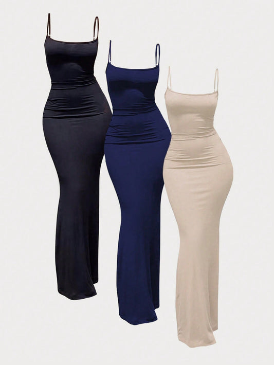 3pcs Pack Pleated Casual Camisole Dresses In Black, Navy Blue And Beige